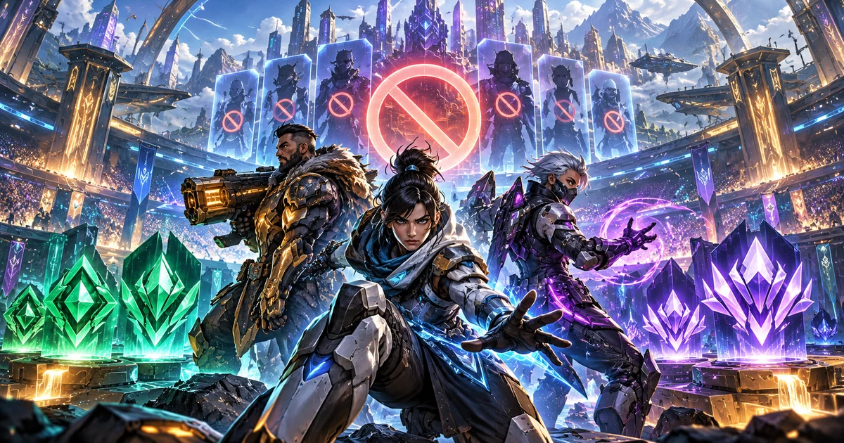 Оригинальная иллюстрация GameChik: фантастическая рейтинговая арена, три бойца, кристаллы рангов и символ блокировки легенд