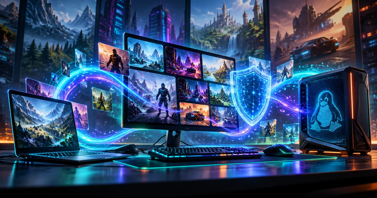 Новый игровой лаунчер, Linux-компьютер и символ защиты античита в неоновом свете