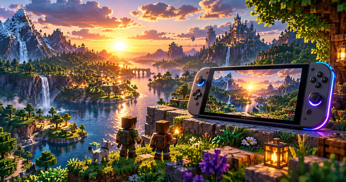 Оригинальная игровая иллюстрация: блоковый мир на закате и портативная консоль — Minecraft для Switch 2