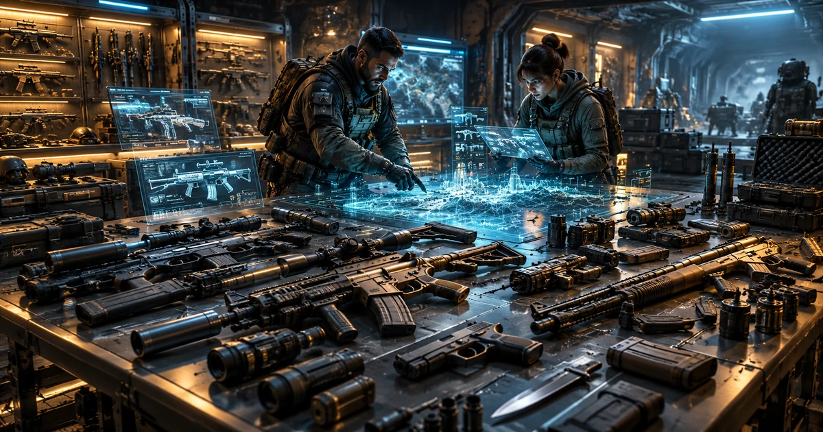 Оригинальная иллюстрация GameChik: оружейная мастерская и операторы у голографической карты
