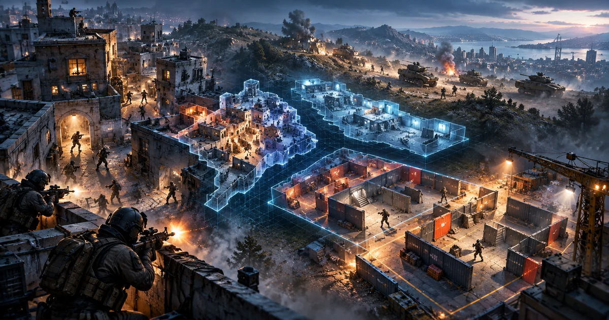 Оригинальная иллюстрация GameChik: военная карта с перестраиваемыми секторами, город и поле боя, командный шутер
